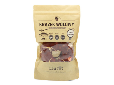 Krążek wołowy owinięty królikiem i dorszem, naturalny gryzak dla psa 11 cm . SLOW DOG